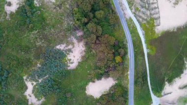 Bereketli yeşillik, kumlu kumullar ve kıyı şeridine paralel uzanan dolambaçlı bir yol olan kıyı manzarası doğanın ve altyapının uyumunu gösteriyor..