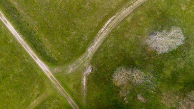 Dağılmış ağaçlar ve açık yeşil alanlarla çevrili, kesişen toprak yollarla dolu çimenli bir arazinin havadan görünüşü, sakin ve doğal bir doğa manzarası yakalıyor..
