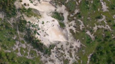 Yeşil bitki örtüsü ve ağaçlarla çevrili kumlu bir bölgenin havadan görünüşü, insansız hava aracından elde edilen çim ve çalılarla doğal bir manzara sergiliyor..