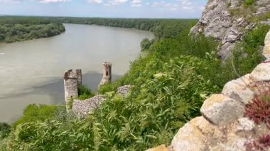 Bereketli yeşil ormanlarla ve açık mavi gökyüzünün altında güneşli bir günde doğanın huzurunu yakalayan bulutlarla çevrili sakin bir nehir manzarası..