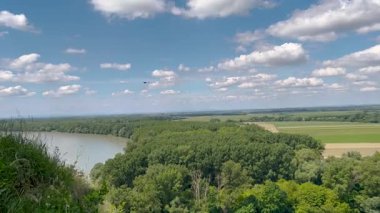 Bereketli yeşil ormanlarla ve açık mavi gökyüzünün altında güneşli bir günde doğanın huzurunu yakalayan bulutlarla çevrili sakin bir nehir manzarası..