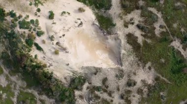 Yeşil bitki örtüsü ve ağaçlarla çevrili kumlu bir bölgenin havadan görünüşü, insansız hava aracından elde edilen çim ve çalılarla doğal bir manzara sergiliyor..