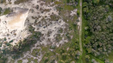 Yeşil bitki örtüsü ve ağaçlarla çevrili kumlu bir bölgenin havadan görünüşü, insansız hava aracından elde edilen çim ve çalılarla doğal bir manzara sergiliyor..
