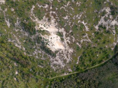 Yeşil bitki örtüsü ve ağaçlarla çevrili kumlu bir bölgenin havadan görünüşü, insansız hava aracından elde edilen çim ve çalılarla doğal bir manzara sergiliyor..