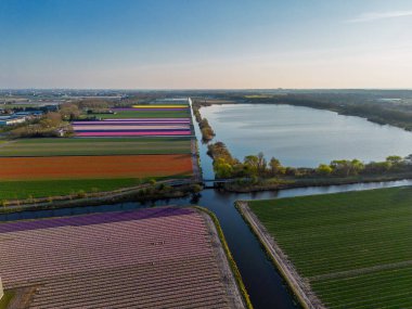 Renkli çiçek tarlaları, sık ormanlar ve manzaralı bir parktaki dairesel göletlerle sahilin yakınındaki manzaralı tarım arazileri. Kuzey Denizi açık bir gökyüzünün altında görülebilir..