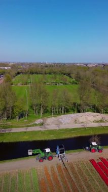 Kanaldan su çeken iki traktörle dolu canlı lale tarlalarının hava manzarası, doğa, makine ve renkli çiçek sıraları arasında çarpıcı bir kontrastlık yaratır. Mavi gökyüzü.