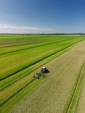 Yeşil arazili Hollanda kırsal manzarası, arazide çalışan bir traktör, çiftlik binaları, rüzgar türbinleri, ve modern tarım ve yenilenebilir enerji sergilenen bir kanal..