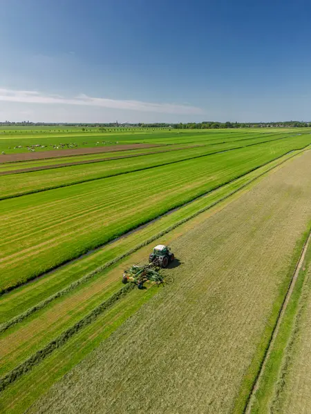 Yeşil arazili Hollanda kırsal manzarası, arazide çalışan bir traktör, çiftlik binaları, rüzgar türbinleri, ve modern tarım ve yenilenebilir enerji sergilenen bir kanal..