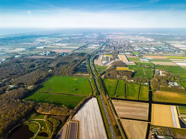 Hollanda kırsalının hava panoramik manzarasında tarım arazileri, yeşil tarlalar, ormanlar ve uzak bir kasabaya doğru uzanan bir otoyol var..
