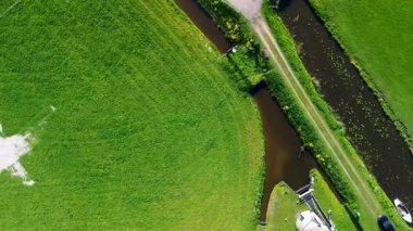 Geleneksel bir yel değirmeni olan, kanal, yeşil tarlalar ve açık mavi gökyüzü altında hareket eden arabaların olduğu bir yol. Renkli bir çiçek tarlasının yukarıdan aşağıya havadan görünüşü.