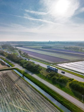 Hollanda kırsalının hava panoramik manzarasında tarım arazileri, yeşil tarlalar, ormanlar ve uzak bir kasabaya doğru uzanan bir otoyol var..