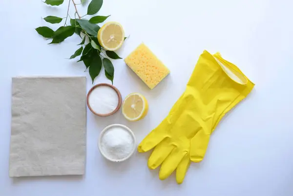 stock image bowl whith salt and washing soda, yellow sponge, grey napkin, yellow latex gloves, half of lemon , green plant on the white background. eco concept cleaning, natural