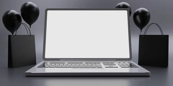 Fekete Péntek Eladó Háttér Üres Laptop Képernyő Bevásárlószatyrok Online Shop — Stock Fotó