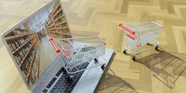 Bilgisayarda süpermarket alışveriş arabası. Ticaret, online sipariş ve teslimat. 3d hazırlayıcı