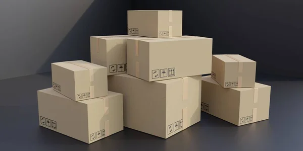 Cajas Cartón Cerradas Selladas Con Cinta Apilada Suelo Negro Gris — Foto de Stock