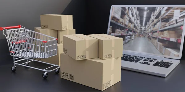 Ecommerce Online Order Delivery Supermarket Shopping Cart Cardboard Boxes Computer — Stock Photo, Image