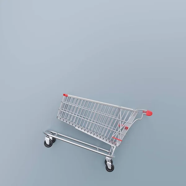 Shopping Cart Blue Pastel Background Supermarket Trolley Steel Red Details — Stock Photo, Image