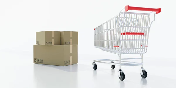 Shopping Cart Cardboard Boxes Stack Isolated White Order Delivery Supermarket — Stock Photo, Image