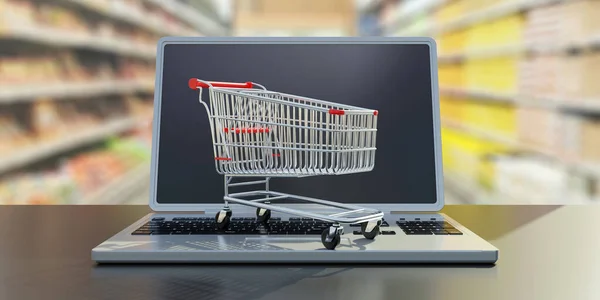 Supermarkt Winkelwagentje Een Computer Laptop Commerce Online Bestelling Levering Renderen — Stockfoto