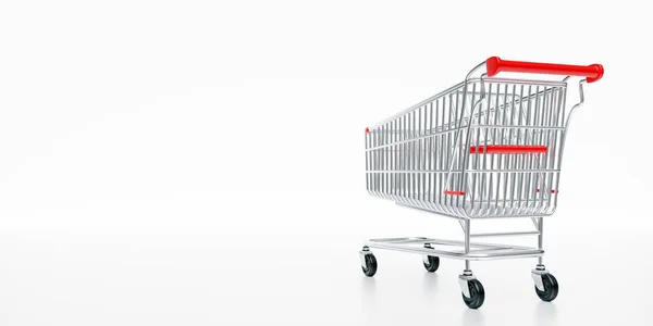 Carrinho Compras Isolado Branco Supermercado Carrinho Aço Com Detalhes Vermelhos — Fotografia de Stock