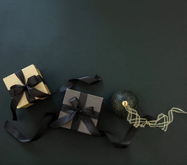 Xmas Bauble Gold Ribbon Two Gift Box Black Background Top — 스톡 사진