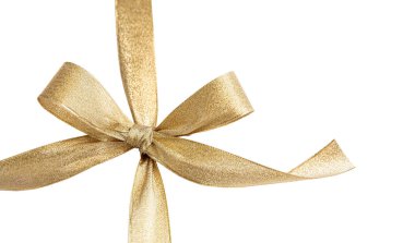 Beyaz arka planda izole edilmiş altın kurdele yayı, parlak noel hediyeleri süslemesi. Tatil, doğum günü hediyeleri tasarım elementi