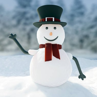 Kış arkaplanındaki mutlu kardan adam. Noel süsü, tebrik kartı. 3d rende