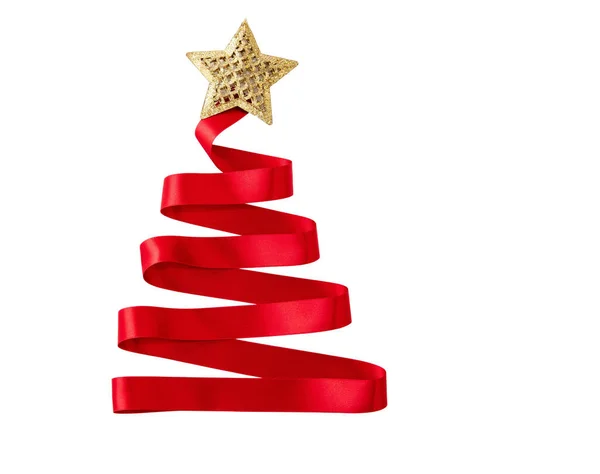 Kerstboom Vorm Rood Lint Geïsoleerd Witte Achtergrond Glimmende Ster Bovenop — Stockfoto