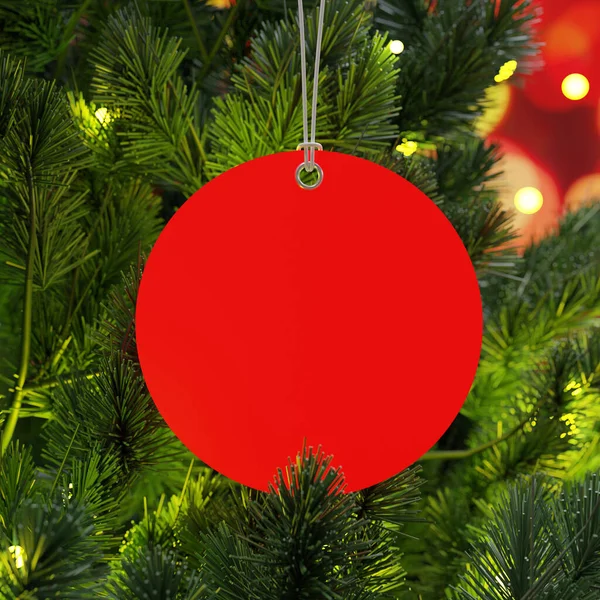 Cadeau Tag Kerstboom Achtergrond Rode Ronde Kaart Hangt Aan Spar — Stockfoto
