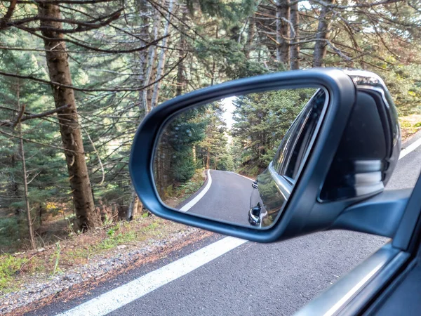 Fir forest in car rear view mirror. Travel in the mountain, asphalt road and woodland in car side mirror.