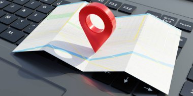 Şehir haritasında GPS yön gösterici, dizüstü bilgisayar geçmişi. Kırmızı konum simgesi, harita uygulaması. 3 Boyutlu Hazırlama