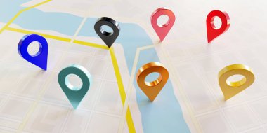 Harita arkaplanındaki renkli konum simgeleri, GPS navigasyon işaretçileri, konum işaretleyicileri. 3 Boyutlu Hazırlama