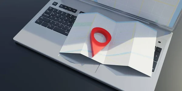 Map Computer Laptop Red Pin Pointer Location Gps Navigation Application — Stock Photo, Image