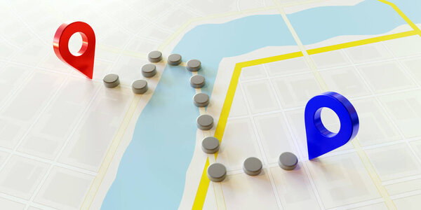GPS navigation, starting point and destination, route. Red and blue Location pins on a map background, 3D render. 