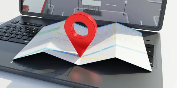 Navigation application. Map on a computer laptop. Red pin icon on address. 3d rende