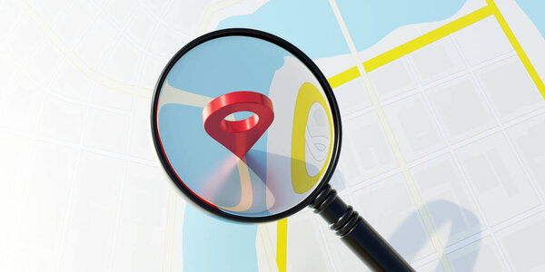 Location pin and magnify glass on map background. Find search place, position. GPS navigator red icon.  Travel, discover. 3D render