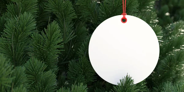 Bílá Značka Vánočním Stromě Kulatá Prázdná Karta Visící Větvi Stromu — Stock fotografie