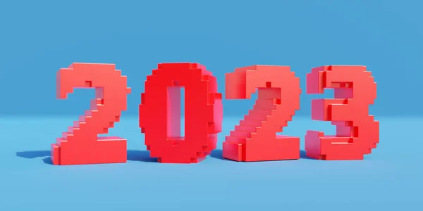 2023新年快乐 Voxel Art 等号红色2023数字 蓝色背景阴影 Pixel风格 数码贺卡 3D渲染 — 图库照片