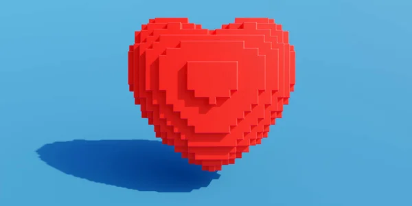 Voxel Art, isometric passion red color heart shape with shadow on blue background. Pixel style, digital love for Valentine day. 3d render