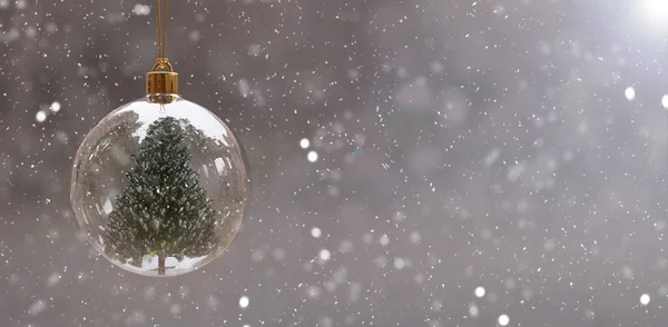 Árbol Nevado Navidad Bola Vidrio Transparente Sobre Fondo Bokeh Plateado —  Fotos de Stock