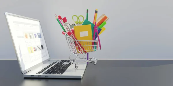 学校はオンラインショッピングや販売を供給します コンピュータのラップトップ上のショッピングカートのオフィス文房具 コピースペース 3Dレンダリング — ストック写真
