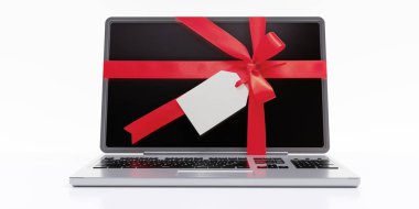 Bilgisayar alışverişi, hediye. Kırmızı paket kurdele, dizüstü bilgisayarda fiyonk ve fiyat etiketi beyaz, bayram indirimi, Noel hediyesi. 3d hazırlayıcı
