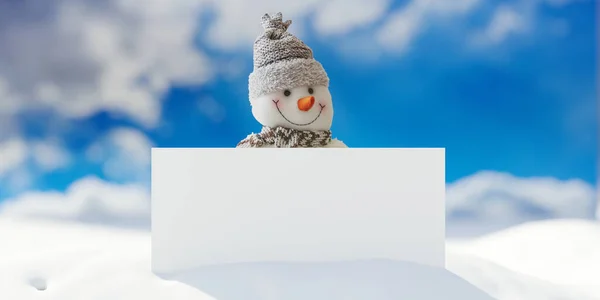 Bałwan Biały Pusty Karta Śnieg Błękitny Niebo Zimowy Śnieżny Tło — Zdjęcie stockowe