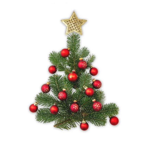 Kerstboom Geïsoleerd Witte Achtergrond Fir Takje Gouden Ster Top Rode — Stockfoto