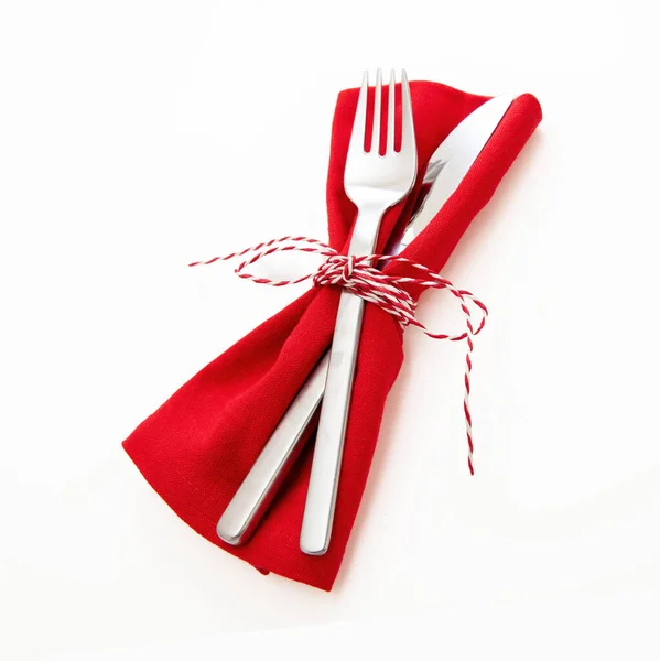 Holiday Table Setting Celebration Dinner Cutlery Red Cloth Napkin Christmas Stock Picture