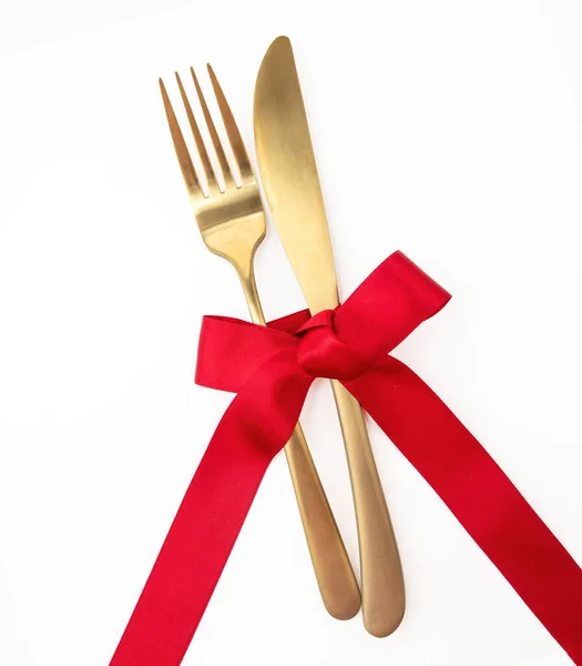 Holiday Table Setting Top View Golden Fork Knife Red Satin Royalty Free Stock Photos