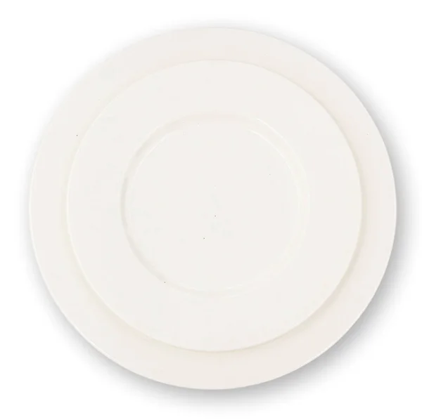 Asztali Beállítás Felülnézet Két Üres Fehér Lemez Fehér Háttérrel Élelmiszer — Stock Fotó