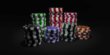 Kumarhane kumar fişleri yığını. Siyah zemin üzerine yığılmış birçok renk poker çipleri. 3d hazırlayıcı