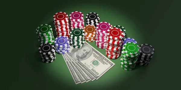 緑のテーブル 暗い背景にカジノのチップスタックと米ドル紙幣 ギャンブルと賭けの収益 3Dレンダリング — ストック写真