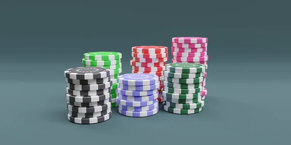 Spelmarker Staplade Kasino Token Högar Grå Bakgrund Många Färger Pokermarker — Stockfoto